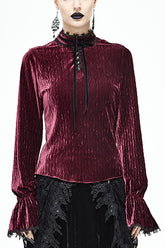 Red Pleated Velvet Trumpet Sleeves Womens Gothic Blouse